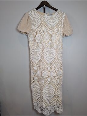 One Loved Babe Women's Size M Elegant Cream Lace Overlay Dress with Puff Sleeves